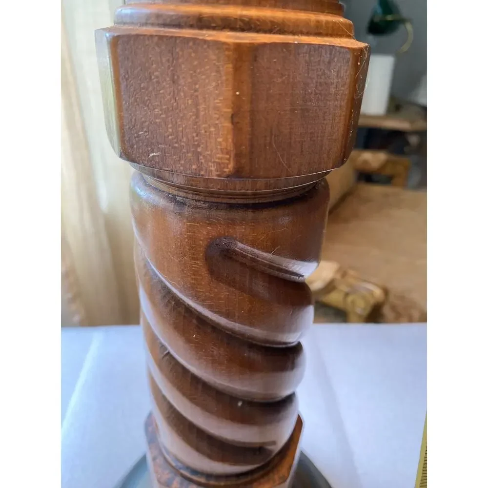 vintage turned-wood table lamp wooden column, paired with shade vintage satin